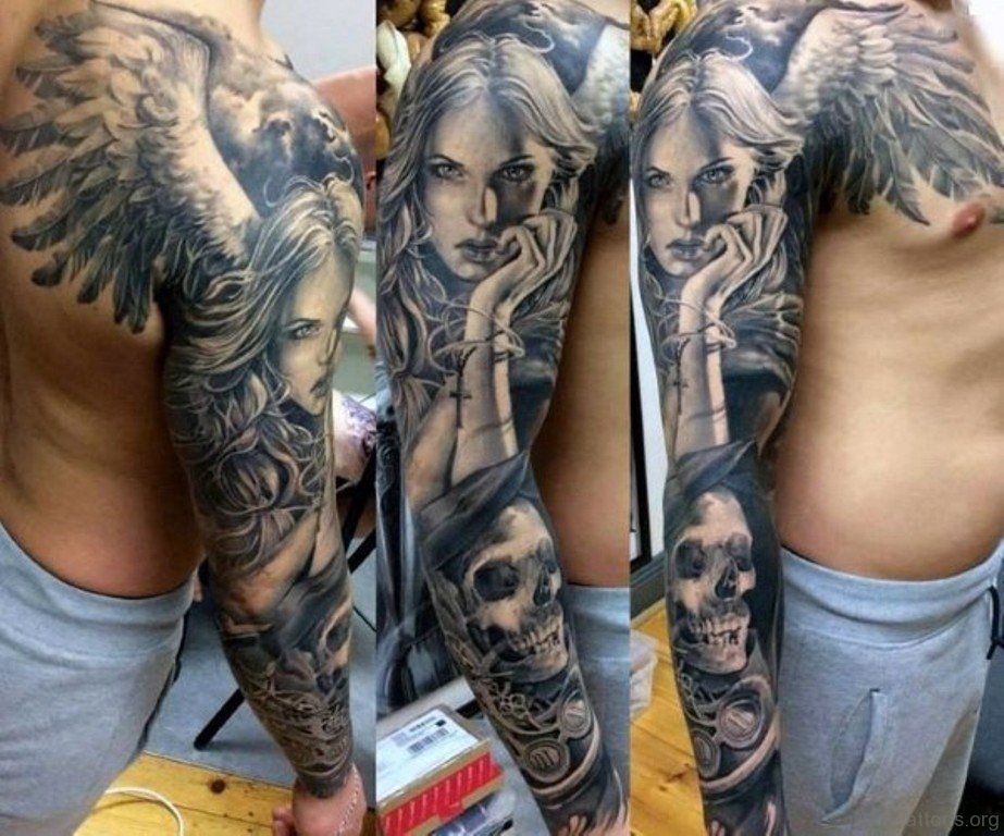 hooded guardian angel shoulder tattoos